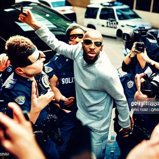 Prompt: rapper leaving a police station surrounded by paparazzi and fans after being arrested, ultra detailed, photorealistic, dynamic light