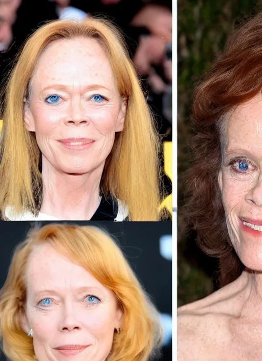 Image similar to a genetic combination sissy spacek and sigourney weaver, blond hair, brown eyes, face and shoulders focus