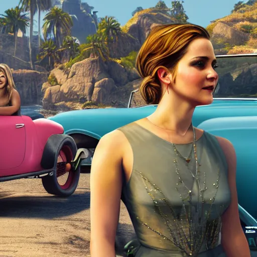 Image similar to highly detailed painting emma watson and jennifer lawrence driving a cabrio along a costal scenic route, gta 5 cover art style, 8 k, radiant light, detailed and intricate environment, trending on artstation