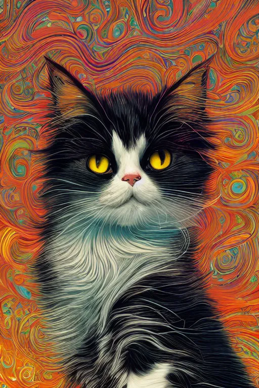 Prompt: Adorably cute longhair calico cat horizontal portrait, artstation winner by Victo Ngai, Kilian Eng and by Jake Parker, vibrant colors, winning-award masterpiece, fantastically gaudy, aesthetic octane render, 8K HD Resolution