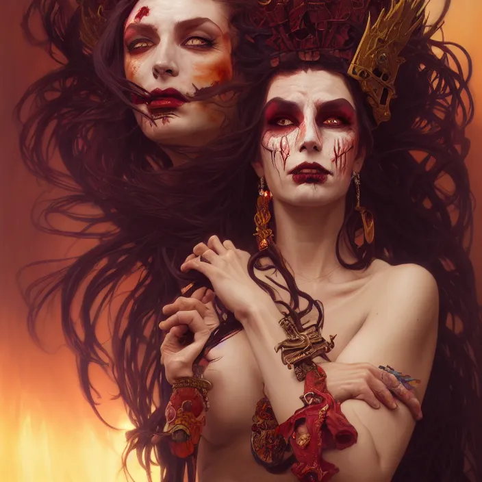 Image similar to excellent painted portrait of the undead queen of the southern burning plains, character artwork, 8k resolution artwork, trending on artstation, detailed oil painting portrait, art by artgerm and greg rutkowski and alphonse mucha and craig mullins and James Jean and Andrei Riabovitchev and Marc Simonetti and peter mohrbacher