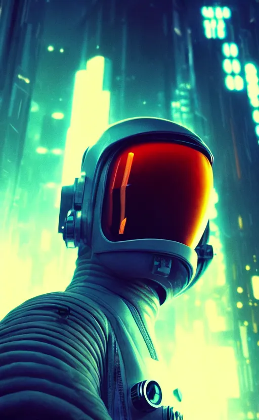 Image similar to professional photo of astronaut looking in the camera from low angle shot, cyberpunk background, blade runner, hyperrealistic masterpiece, trending on artstation, cgsociety, kodakchrome, golden ratio, cinematic, composition, beautiful lighting, hyper detailed, sharp focus, octane render, 4 k, unreal engine