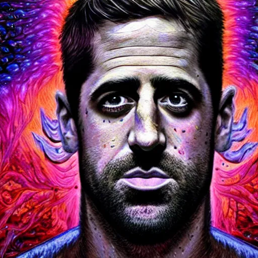 Image similar to aaron rodgers face, hyperrealistic, fractal, dmt colors, by dan hillier
