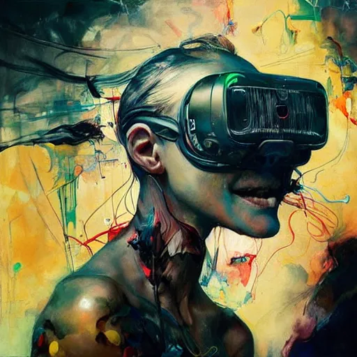 Image similar to grinning woman in a vr headset, dynamic energic pose, cyberpunk in the style of adrian ghenie, esao andrews, jenny saville, surrealism, dark art by james jean, takato yamamoto