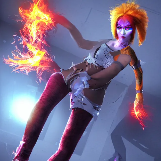 Image similar to a female raver / punk using her mutant fire powers in the style of leonard boyarsky trending on artstation deviantart pinterest hyper detailed photorealistic highlights and shadow hd 8 k post - processing high resolution