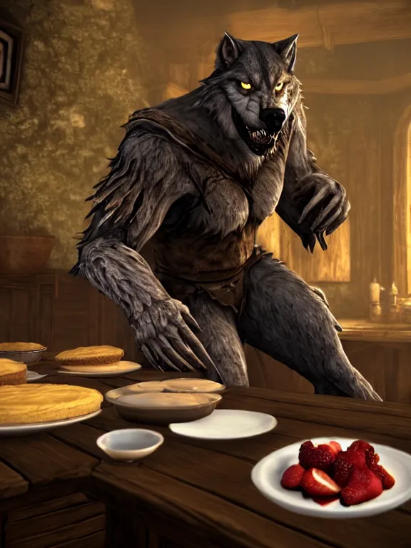 Image similar to cute handsome cuddly burly surly relaxed calm timid werewolf from van helsing sitting down at the breakfast table in the kitchen of a normal suburban home cooking having fun baking strawberry tart cakes unreal engine hyperreallistic render 8k character concept art masterpiece screenshot from the video game the Elder Scrolls V: Skyrim
