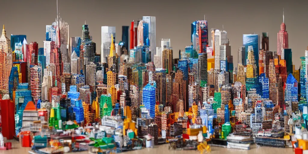 Prompt: a model of manhatten constructed out of fast food cups and packaging, miniature photography, diorama, wide - angle macro lens, art, award - winning, beautiful high resolution