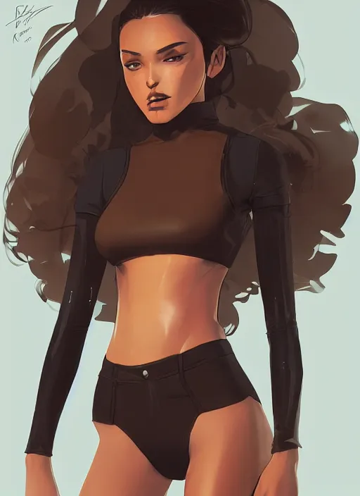 Prompt: beautiful figure, light brown skin, black crop top and shorts, extremely detailed, sharp focus, smooth, digital illustration, by rossdraws, frank franzzeta