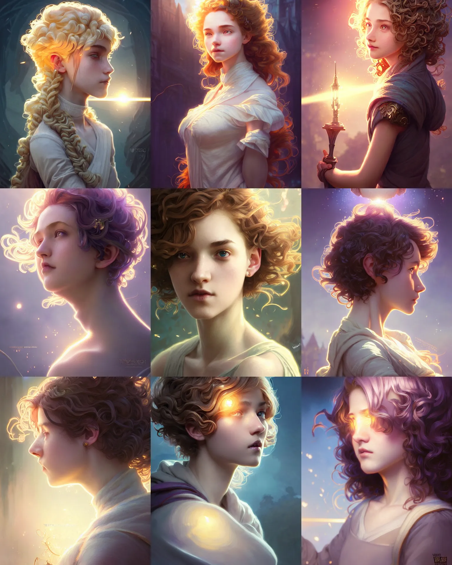 Prompt: side portrait of a university young female, magic school, light colored hair, short curly hair, fantasy building, intricate, sharp focus, lens flare, bloom, rim light, illustration, highly detailed, digital painting, concept art, matte, art by wlop and ross tran and artgerm and greg rutkowski and alphonse mucha, masterpiece