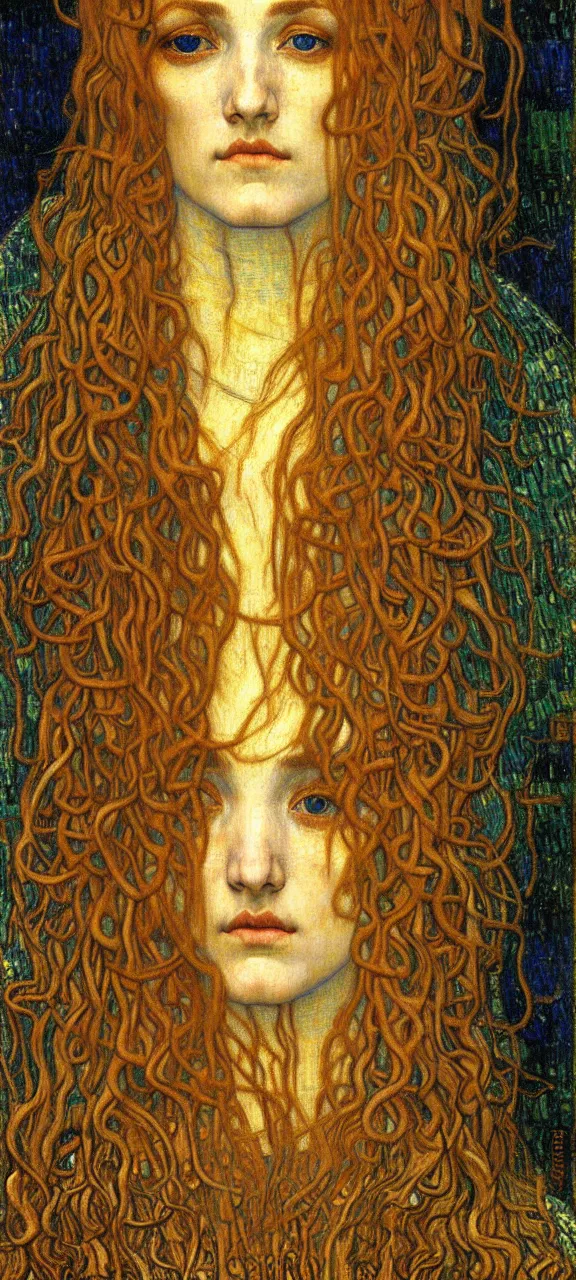 Image similar to detailed realistic beautiful young medieval queen face portrait by jean delville, gustav klimt and vincent van gogh, art nouveau, symbolist, visionary, gothic, pre - raphaelite, muted earthy colors, desaturated