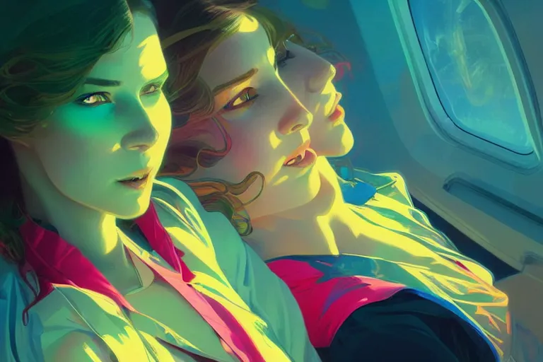 Prompt: Exhausted good looking young women wearing neon colored suits in a airplane, elegant, intricate, retrofuturistic digital painting, artstation, concept art, smooth, sharp focus, illustration, art by artgerm and greg rutkowski and alphonse mucha