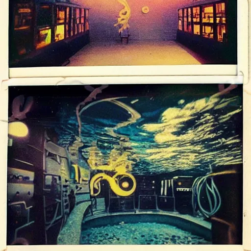 Image similar to under water deep sea station at night, lo fi, polaroid 6 0 0, 1 9 6 5 lightning, vintage science fiction, aquatic plants, colorful swirls of paint, movie set.