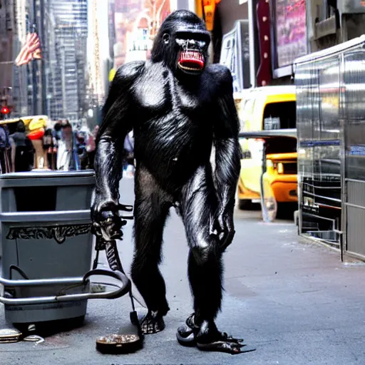 Prompt: terminator ape walking down new york streets