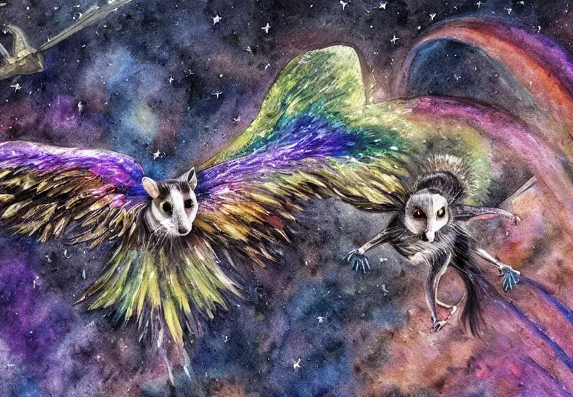 Image similar to legendary rainbow winged possum flying over a medieval castle at night under the dark starred sky, dark fantasy, watercolor, dreaming illusion, highly detailed, 4k, trending on Artstation