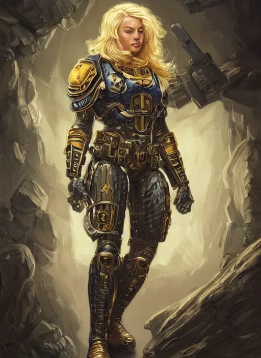 Prompt: very muscled Amazon blonde SPACE MARINE as a ruggedly mean looking heroine, intricate, elegant, highly detailed, centered, digital painting, artstation, concept art, smooth, sharp focus, illustration, art by artgerm and donato giancola and Joseph Christian Leyendecker, WLOP