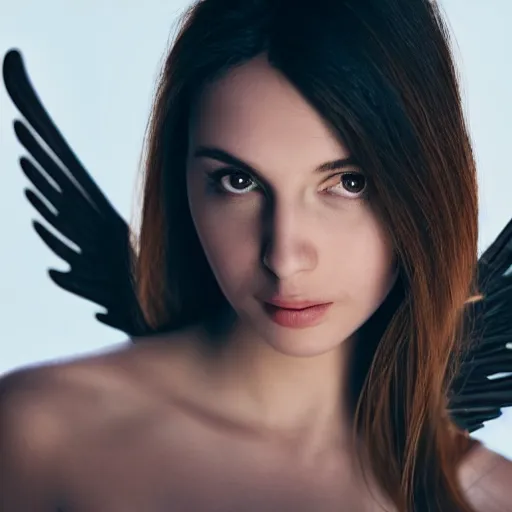 Prompt: beautiful female angel, wings, Latina, asymmetrical face, ethereal volumetric light, sharp focus