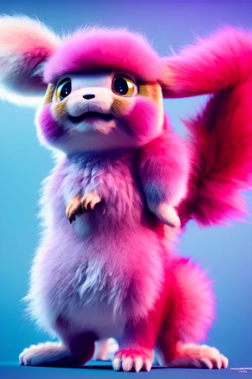 Image similar to high quality 3 d render hyperrealist very cute multicolor stripped fluffy! phoenix chimera hybrid highly detailed, vray smooth, in the style of detective pikachu, hannah yata charlie immer, dramatic pink light, low angle, uhd 8 k, sharp focus