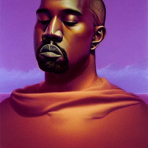 Prompt: kanye west as a zdzisław beksinski painting, surreal, godlike, neon purple shading