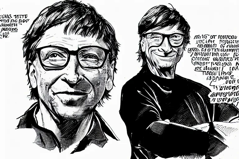 Image similar to bill gates doing a presentation, a page from cyberpunk 2 0 2 0, style of paolo parente, style of mike jackson, adam smasher, johnny silverhand, 1 9 9 0 s comic book style, white background, ink drawing, black and white