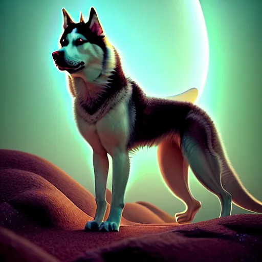 Image similar to alaskan husky creature creature in a desert lush oasis, warm tones, bioluminescent bioluminescent translucent translucent : : by guillermo del toro, daniel merriam, victo ngai and michal karcz : : ornate, dynamic, particulate, intricate, elegant, highly detailed, centered, artstation, smooth, sharp focus, octane render