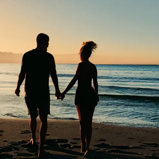 Image similar to Couple walking down a secluded beach during the golden hour quietly contemplating the newfound beauty discovered inside the other person while growing ever more deeply in trust and love between each other.