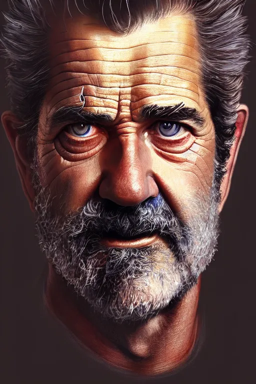 Prompt: ultra detailed close up facial portrait of mel gibson, extremely detailed digital painting, in the style of fenghua zhong and ruan jia and jeremy lipking and peter mohrbacher, mystical colors, rim light, beautiful lighting, 8 k, stunning scene, raytracing, octane, trending on artstation