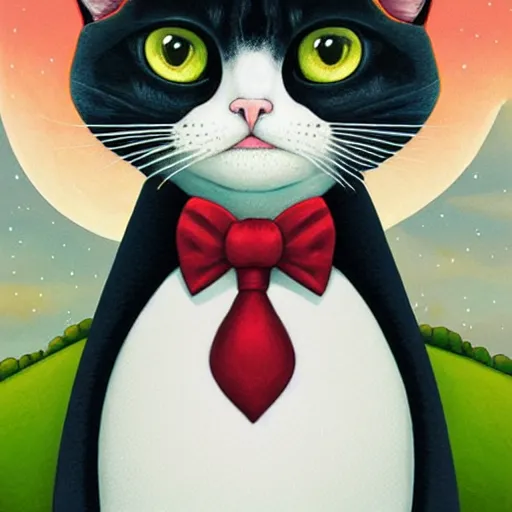 Image similar to portrait illustration of funny brittish cat with big green eyes, in the tuxedo and red tie, space and moon on the background by jeremiah ketner, quint buchholz, wlop, dan mumford