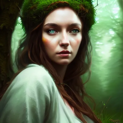 Image similar to a pretty female druid surrounded by forest animals, in the woods, hyper realistic, digital painting, photorealistic, in the style of greg rutkowski, detailed face