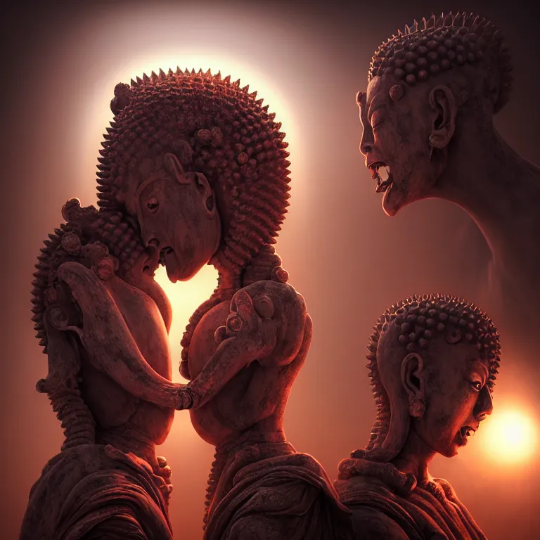 Image similar to portrait of two buddhist demons kissing each other in wastelands on white exoplanet at night, baroque portrait painting, beautiful intricate insanely detailed octane render, artstation, 8 k artistic harsh flash photography, photorealistic, volumetric perfect light, chiaroscuro, raphael, caravaggio, beksinski, rutkowski, giger
