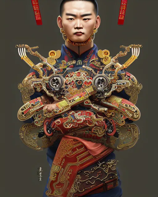 Image similar to portrait of a chinese masculine male cyberpunk machine, machine face, upper half portrait, decorated with chinese opera motifs, muscular, asian, fine china, wuxia, traditional chinese art, intricate, elegant, highly detailed symmetry headpiece digital painting artstation concept art smooth sharp focus illustration, art by artgerm and greg rutkowski alphonse mucha 8 k