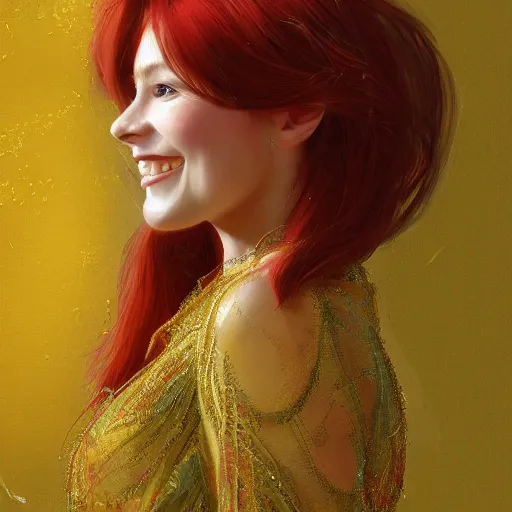 Prompt: Highly detailed painting of a beautiful young woman with red hair, smiling by Craig Mullins, Fabric texture, gold details, gemstone insets, Golden thread, golden details, emeralds, intricate details, intricate patterns 4k, 8k, HDR