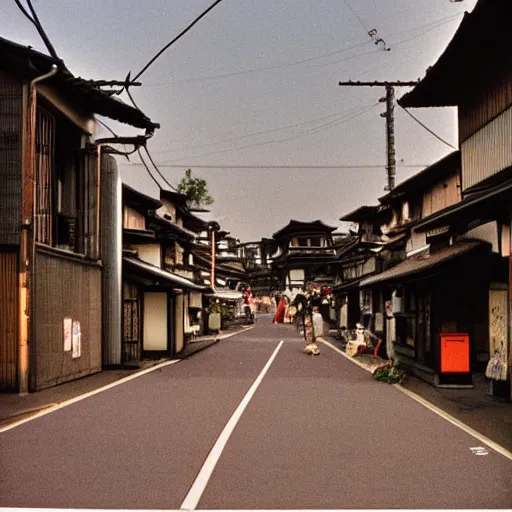 Image similar to a 90s grainy photograph of a japanese town, afternoon