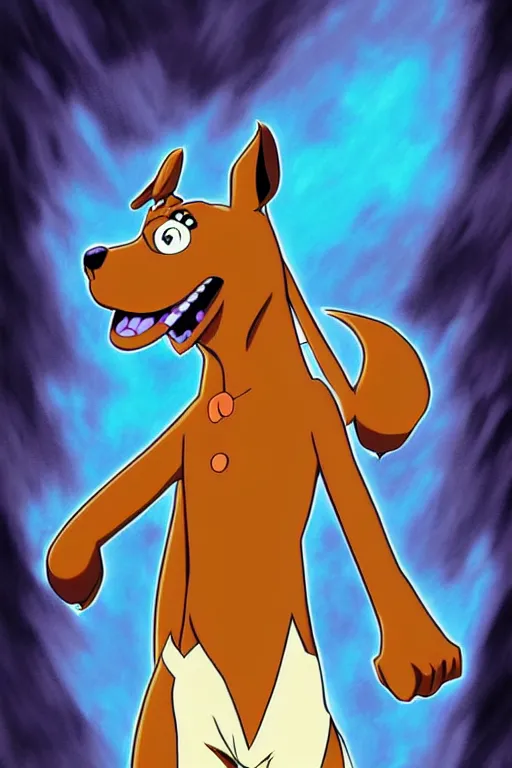 Image similar to scooby doo in anime art full body portrait character concept art, anime key visual of brown dog with blue collar, finely detailed, in a dark haunted mansion, trending on pixiv fanbox, studio ghibli, extremely high quality artwork