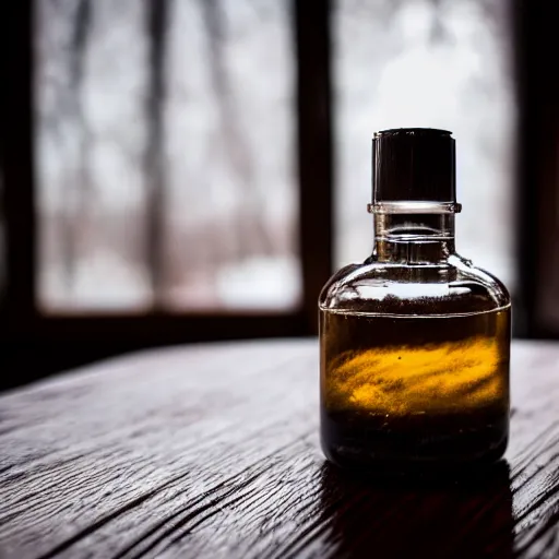 Prompt: an old - fashioned bottle of purple ink on a wooden table in a dim cabin, fireplace in the background, depth of field, 8 k award - winning photography