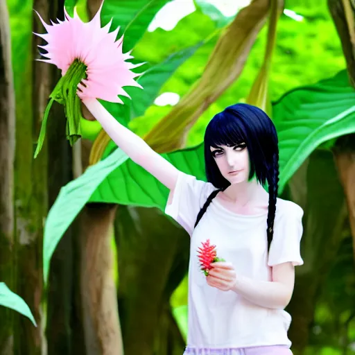 Image similar to pale anime girl with black hair, holding brugmansia flower in her hand, colour