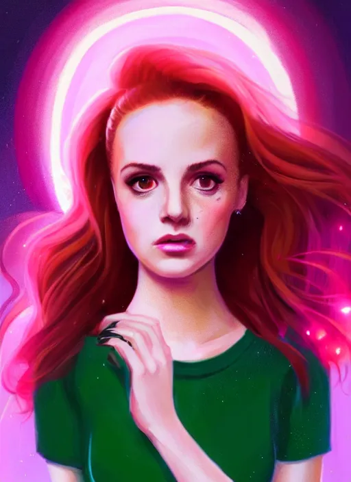 Image similar to full body portrait of teenage cheryl blossom, bangs, green eyes, sultry expression, red hair, sultry smirk, bangs and wavy hair, pink skirt, intricate, elegant, glowing lights, highly detailed, digital painting, artstation, concept art, smooth, sharp focus, illustration, art by wlop, mars ravelo and greg rutkowski