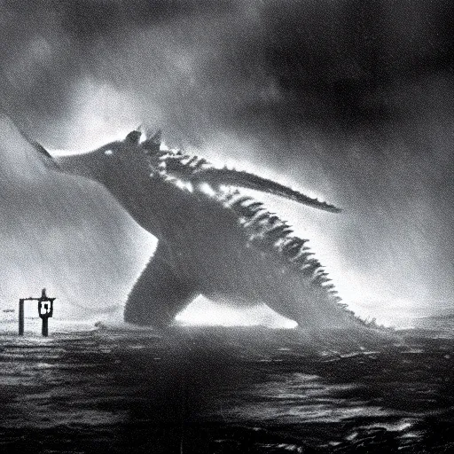 Prompt: low - resolution filmstill of a kaiju monster, fog, thriller, underdeveloped, flare, epic, dramatic