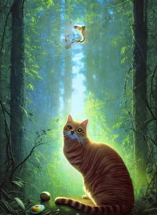 Image similar to a hyper realistic illustrated cat with happy lighting playing in the woods gorgeous lighting, sunbeams blue sky, lush forest foliage painting by chiara bautista and beksinski and norman rockwell and greg rutkowski weta studio, and lucasfilm