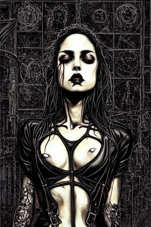 Prompt: dreamy gothic girl, black leather slim clothes, attractive and amazing, beautiful woman body, detailed acrylic, grunge, intricate complexity, by dan mumford and by alberto giacometti, peter lindbergh