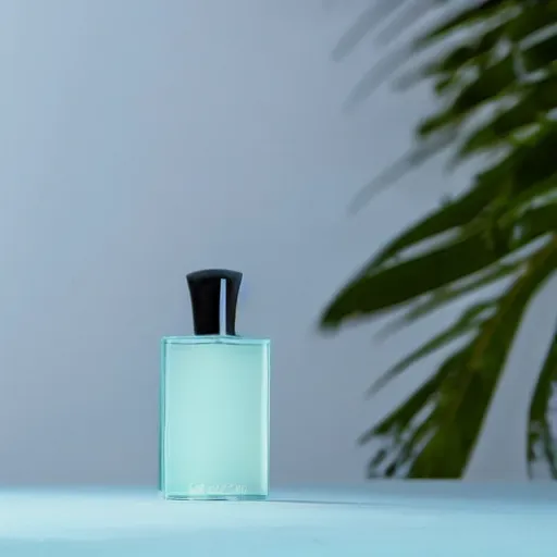 Image similar to perfume bottle standing in splashing tropical sea foam, surrounded by leafy trees, light pastel blue sky and clouds in the background, softly - lit, soft - warm, zen, light, modern minimalist f 2 0 clean