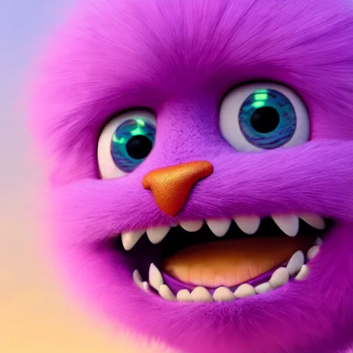 Image similar to a purple fluffy monster, adorable and cute, pixar, octane render, 4k