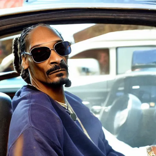 Prompt: Snoop Dogg smokes a joint, smoky red eyes, sits in a police car