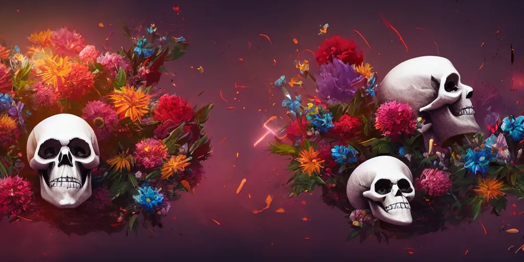 Prompt: Skulls, flowers, explosions, 8k digital art, trending on artstation