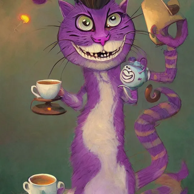 Image similar to cheshire cat drinking tea, by cory loftis, character art, very coherent, exquisite lighting, whimsical background, lighthearted, soft painting, masterpiece