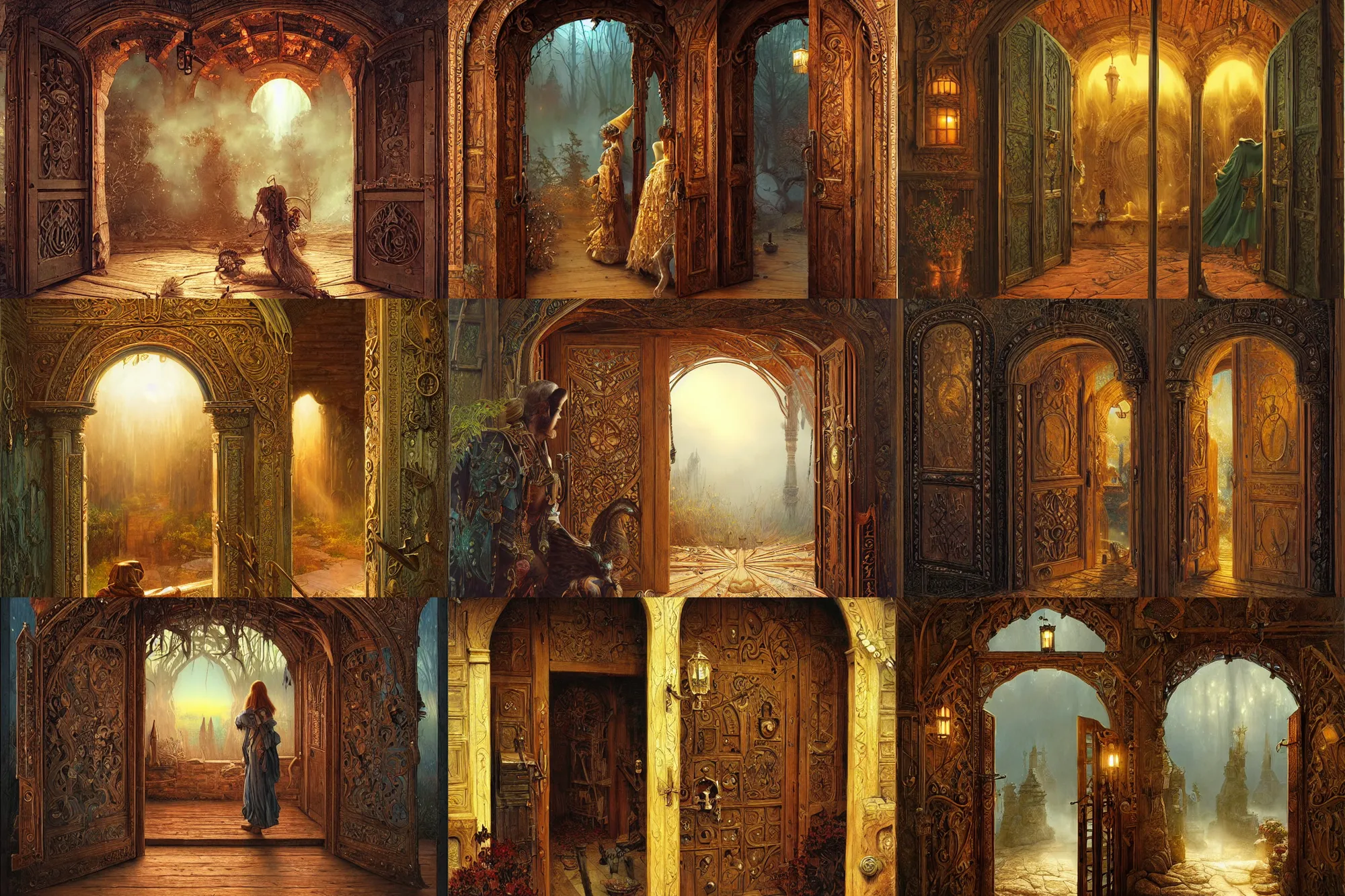 Prompt: large rustic intricately decorated wooden double door, metal handles, a view to a fantasy world, strong eerie back light, mist, fantasy art by james c christensen