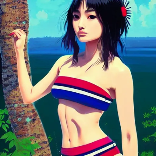 Image similar to a beautiful young japanese natalie portman alluring gravure model, stylized concept art, wearing elegant designer bomber jacket and one piece bikini, bomber jacket with mesoamerican patterns, mesoamerican native street fashion, princess mononoke, painted by ilya kuvshinov aesthetic, gorgeous, stunning, alluring, attractive, artstation, pinterest, digital art