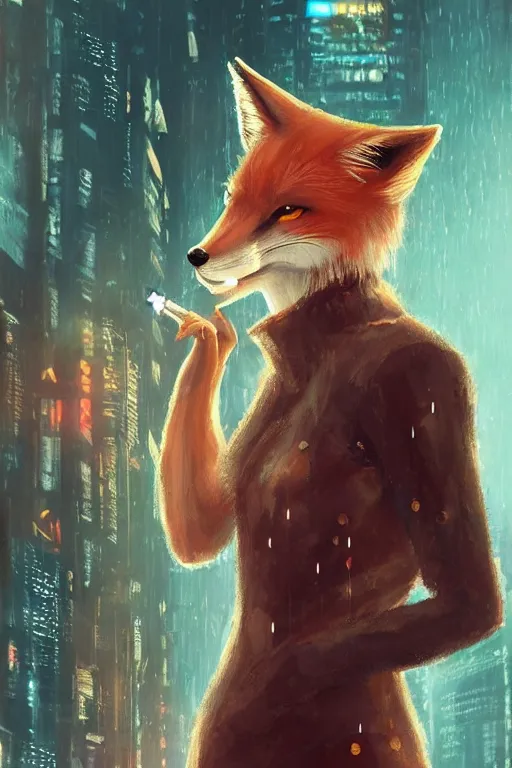 Image similar to beautiful portrait of a tall female anthro fox smoking a cigarette white standing head and shoulders taller than the bustling crowd of a rainy city street, cyberpunk, harsh neon lights, highly detailed, sharp focus, digital painting, illustration, trending on artstation, art by sakimichan, artgerm