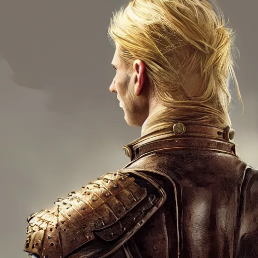 Image similar to rear side portrait of a muscular, ponytail haired blonde man with only left arm armored, wearing a thick brown leather coat, looking to his left, DnD, fantasy, dramatic lighting, digital art by Ruan Jia