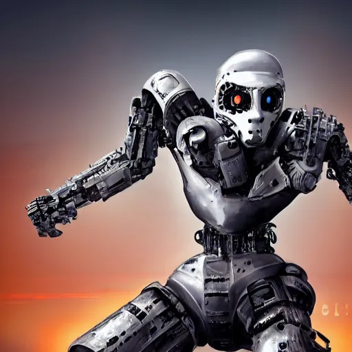 Image similar to anthropomorphic futuristic war robot - fighter killing a man - photographer, full body, clean background, photorealistic, detailed,