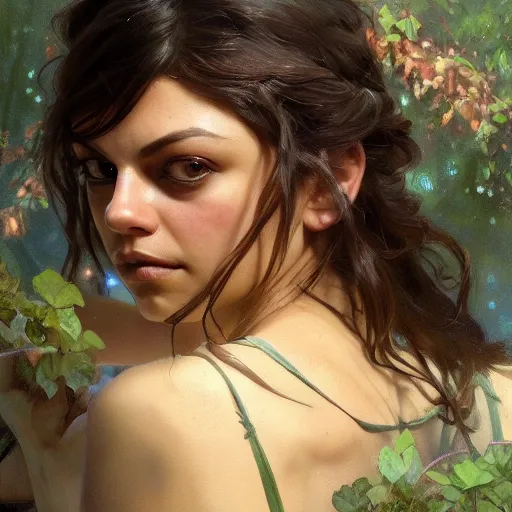 Image similar to a beautiful closeup portrait of mila kunis, magical forest background, serene colors, dramatic light, gorgeous view, depth, high detail, digital art, painted by alphonse mucha and greg rutkowski, trending on artstation